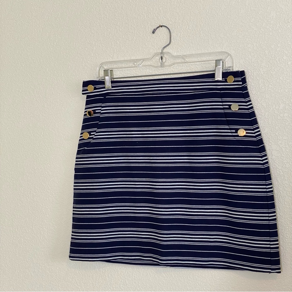 Loft Navy with White Stripe Cotton Blend Pencil Skirt